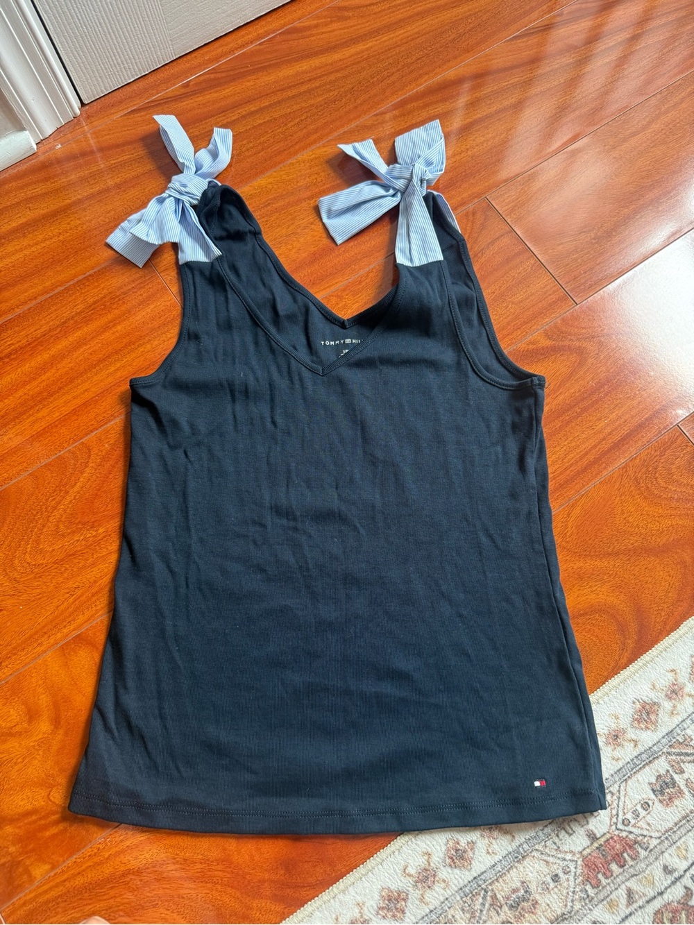 Tommy Hilfiger Black Tank with Light Blue Tie-Strap Accents